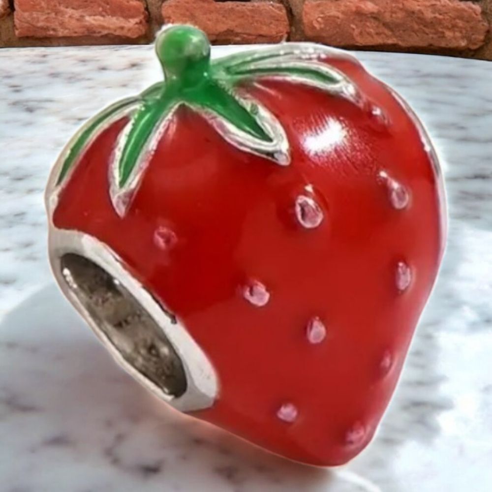 Wild Seeded Strawberry Silver Bracelet Charm Slide On Red Enamel Fruit